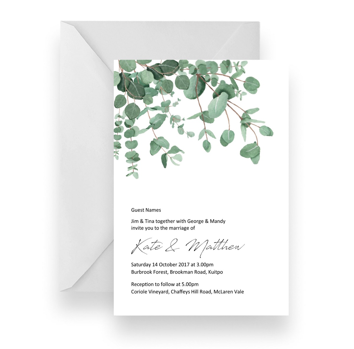 010 Native Contemporary Blue Gum Leaves Wedding Invitation WEB
