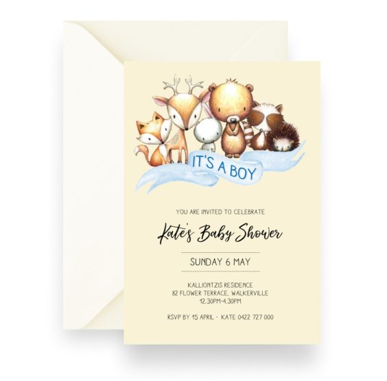 155 Woodland Baby Animal Baby Shower Invitation Boy Cream WEB