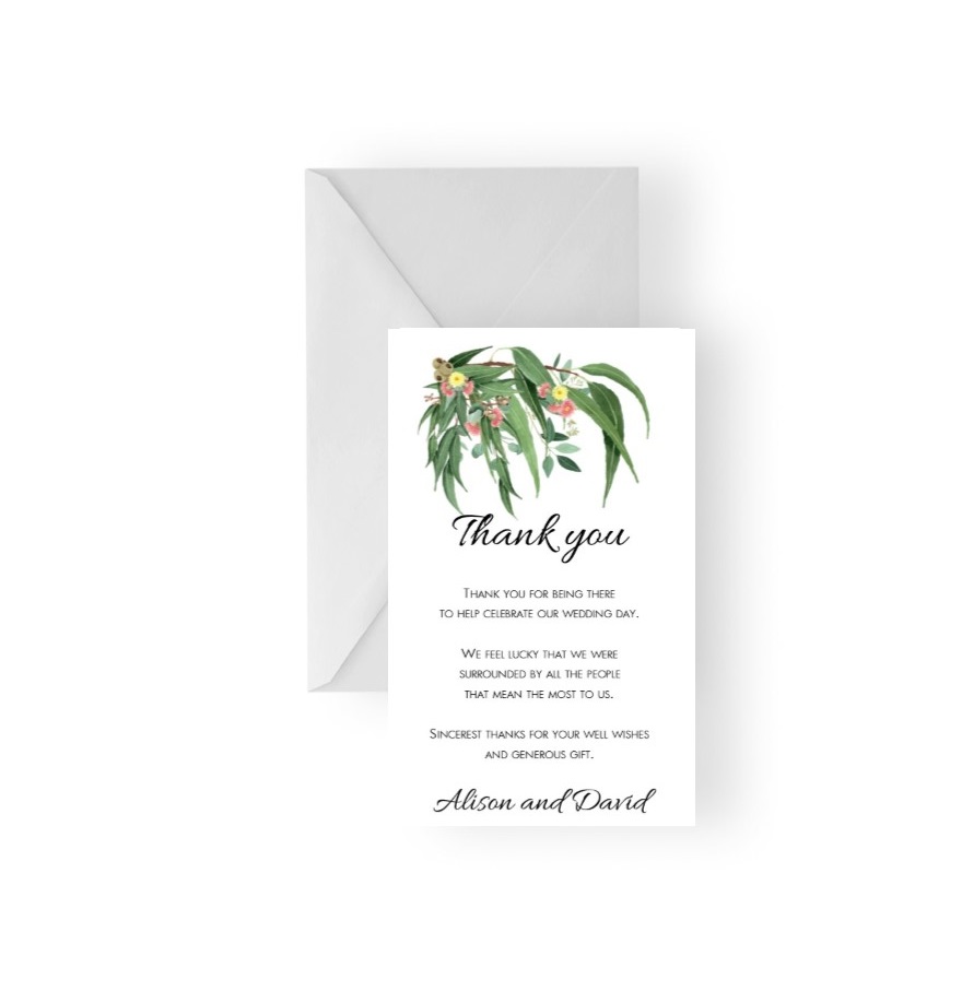 165 Eucalyptus Gum Leaf Native Wedding Thank You Card flat WEB