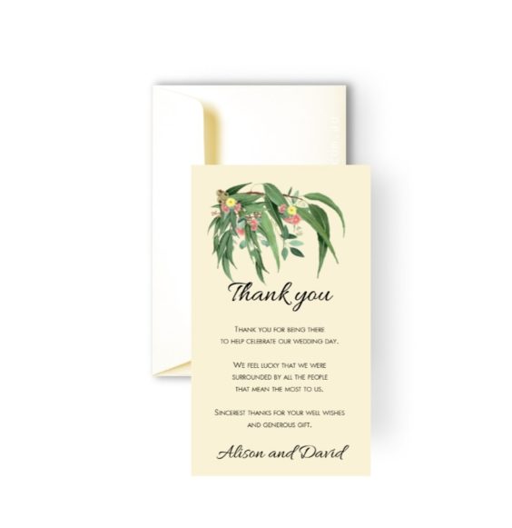 166 Eucalyptus Gum Leaf Native Wedding Thank You Card flat CREAM WEB