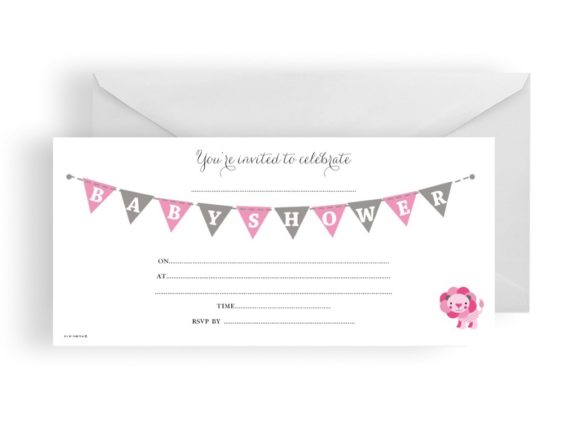 182 Fill-in DIY Baby Shower Invitation Pink Girl Lion Bunting
