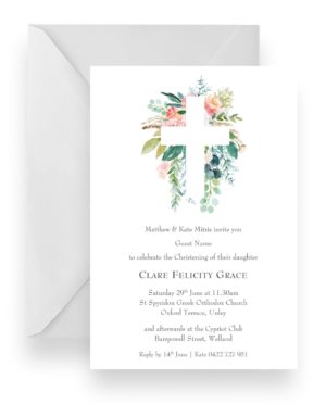 Elegant christening invitation card with floral cross design and details for Clare Felicity Grace's ceremony.