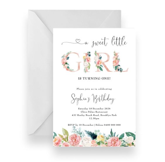 253 Sweet Little Girl Floral First Birthday Invitation